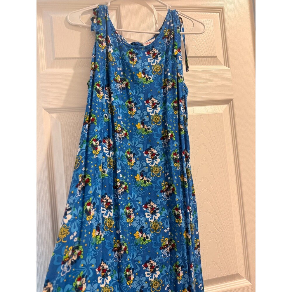 Disney Store Blue Mickey Minnie Mouse Floral Maxi Dress L Vintage Vacation EUC